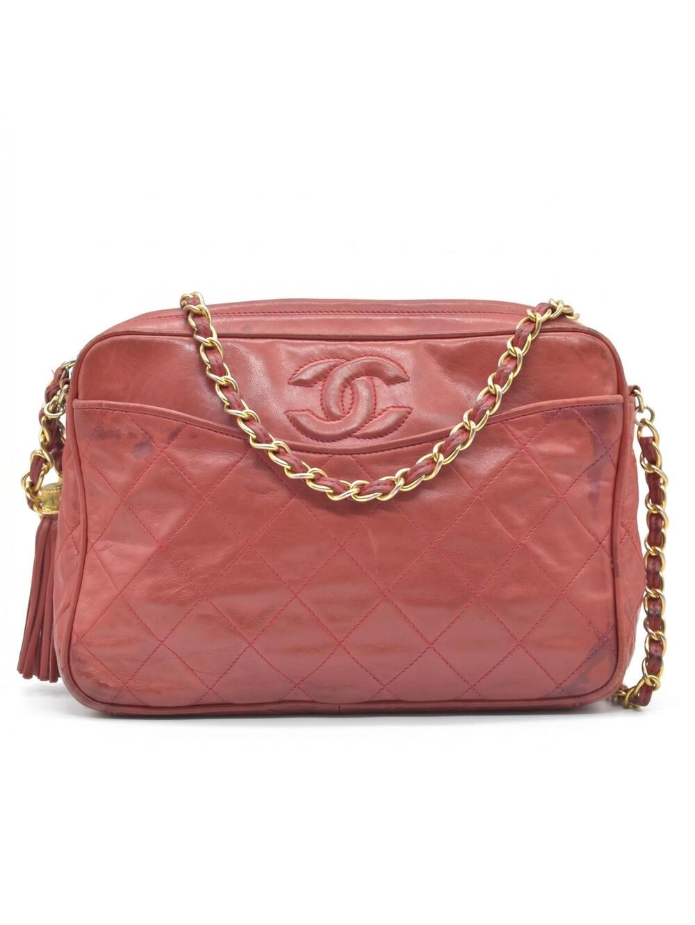 1986-1988 Chanel Red Lambskin Tassel CC Fringe Camera Bag